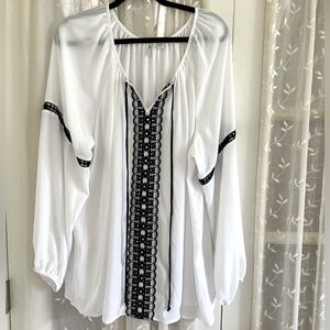 Cato, long sleeve white chiffon blouse with black detailing balloon sleeves